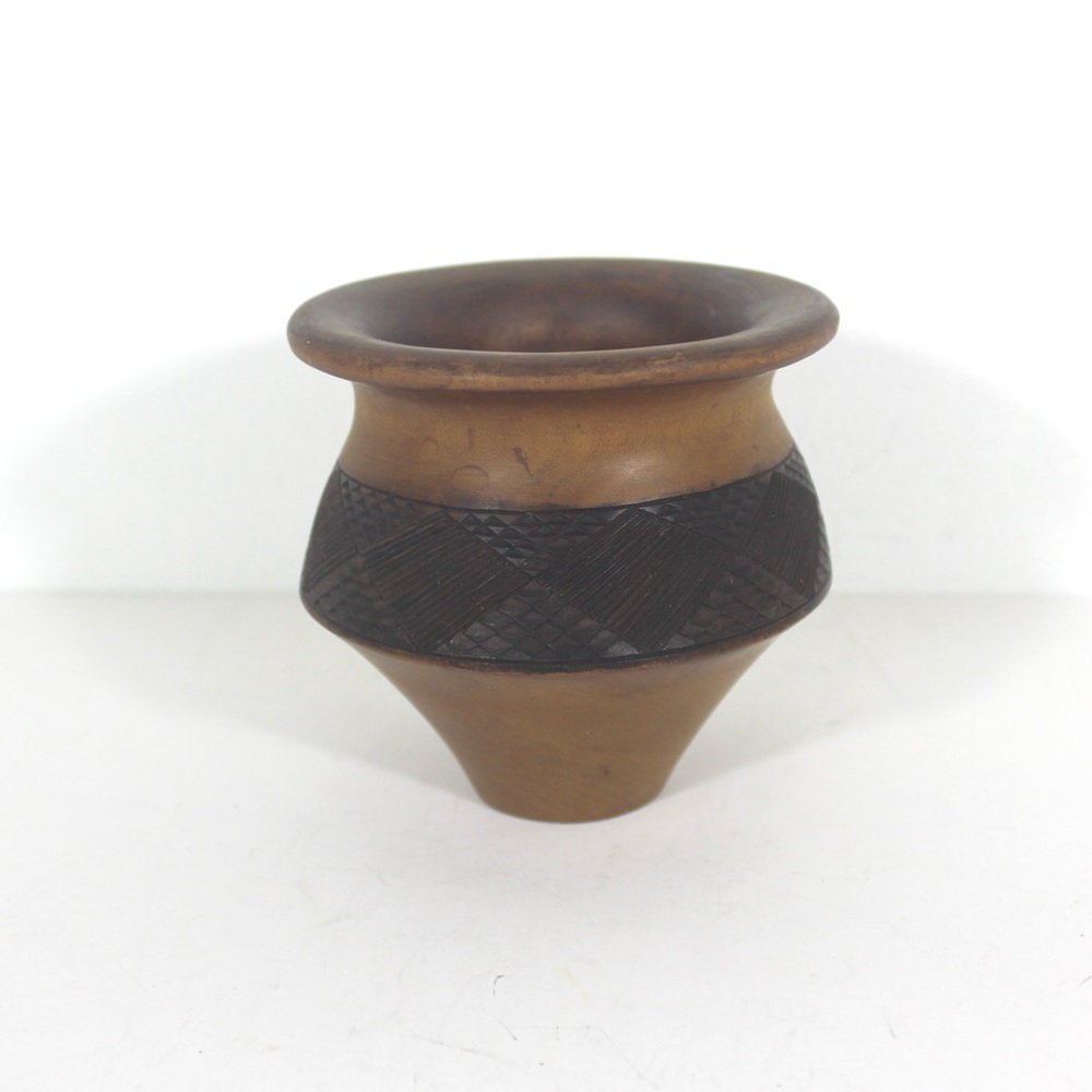 Vintage Carved Wood Pot or Small Bowl Handmade Vessel, Turned Wood, Bookshelf